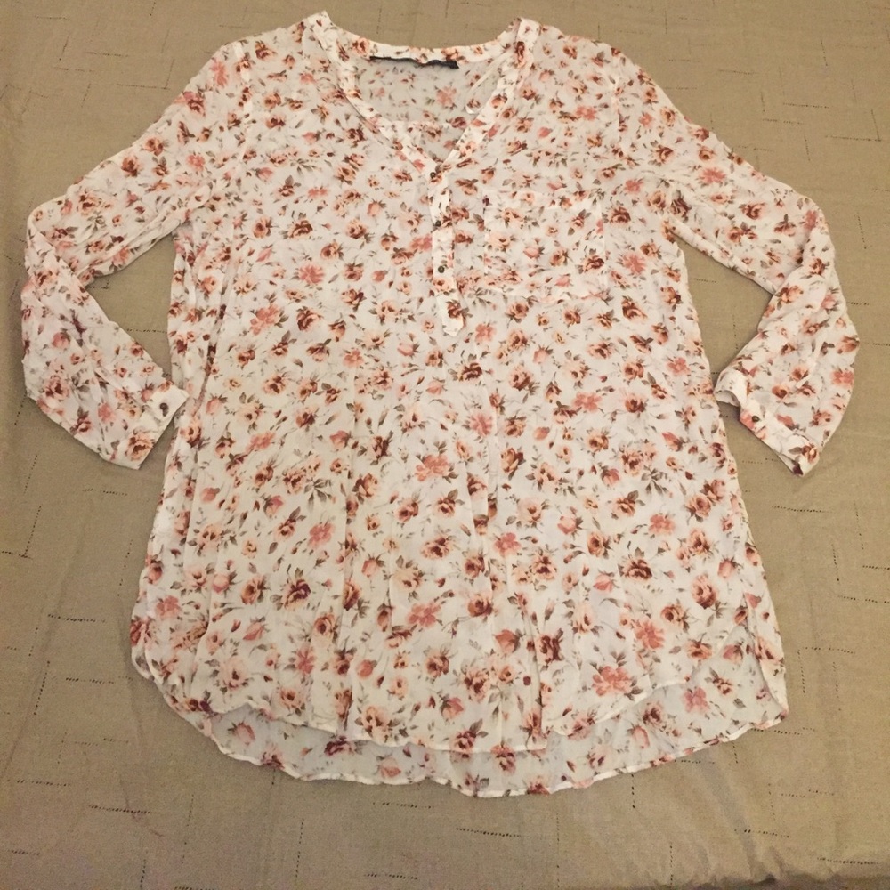 ZARA BASIC WHT FLORAL SHEER BLOUSE SZ S
